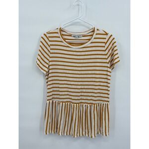 Green Envelope Los Angeles Womens Mustard Yellow Striped Peplum Knit Top Size M